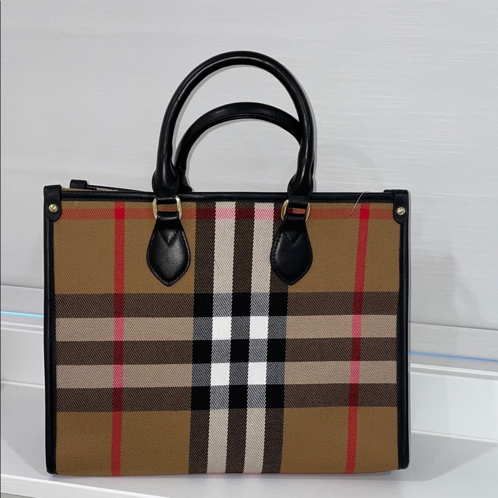 Designer inspired Plaid Handbag with Black Handles and double strap NEW